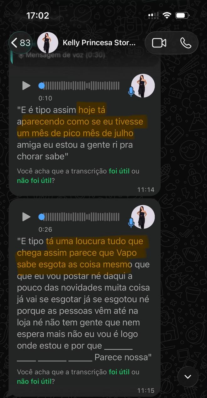 Conversa de WhatsApp com Kelly, da Princesa Store, com dois áudios transcritos falando que julho está parecendo mês de pico e que os produtos estão esgotando